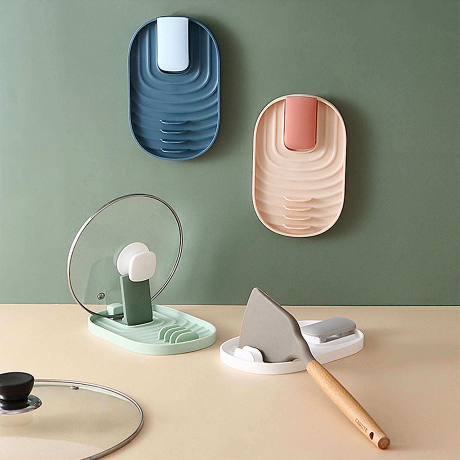 Pot Lid Holder, Lid and Spoon Rest Holder for Kitchen Counter, Foldable Pan Lid Organizer Stand with Nonslip Pads
