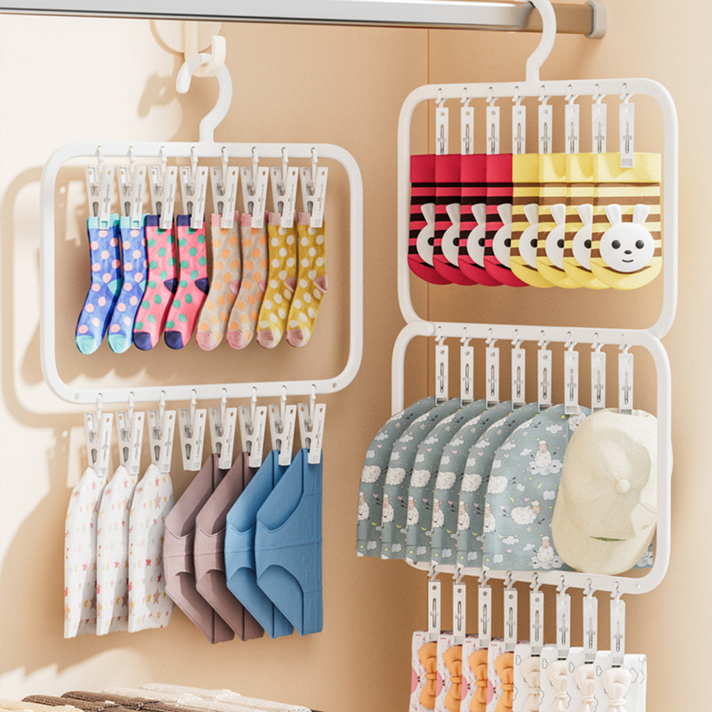 Clothes Sock Drying Rack with 24 Clips, Swivel Hook Wind-Proof Clothes Hanger Rack for Socks, Bras, Underwear