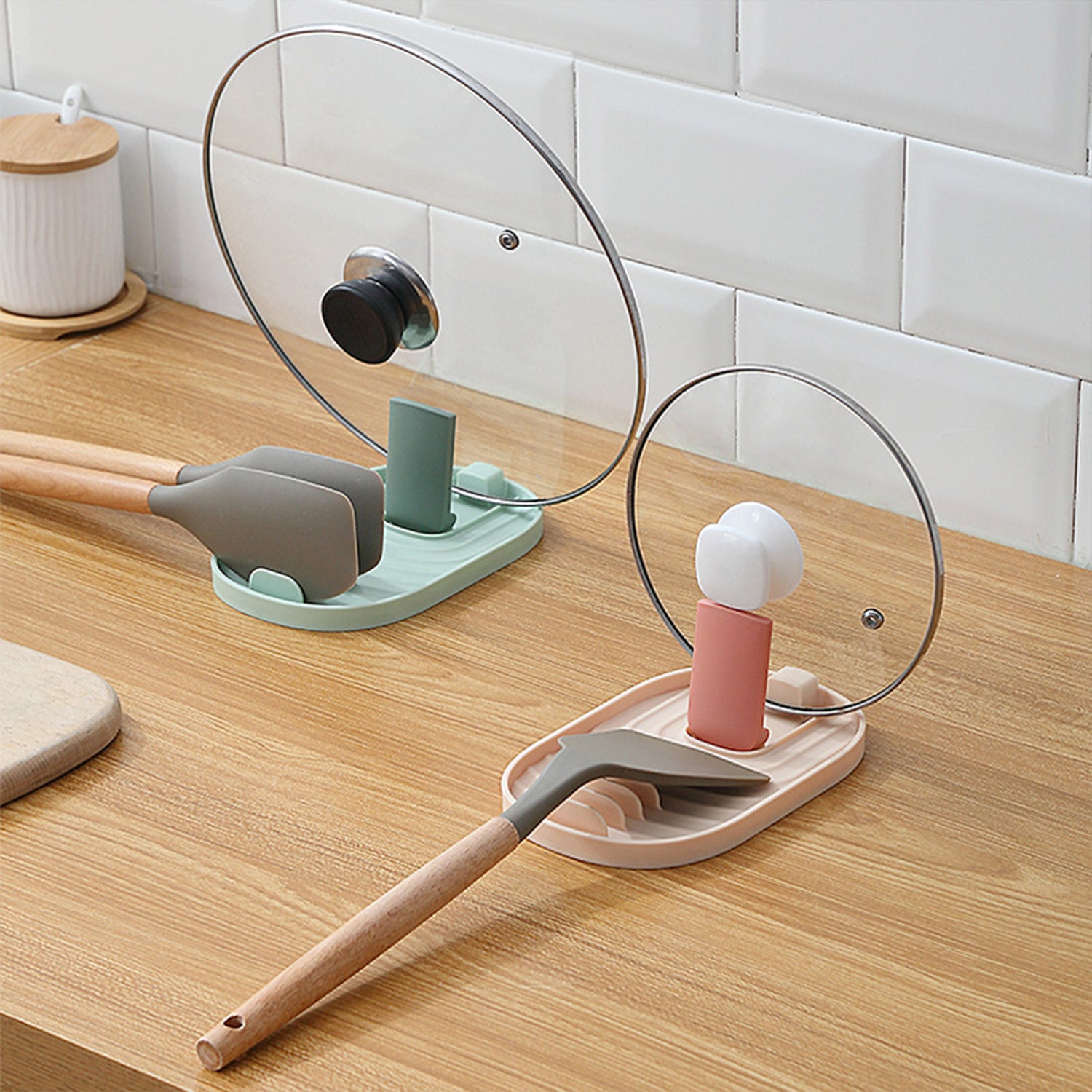 Pot Lid Holder, Lid and Spoon Rest Holder for Kitchen Counter, Foldable Pan Lid Organizer Stand with Nonslip Pads